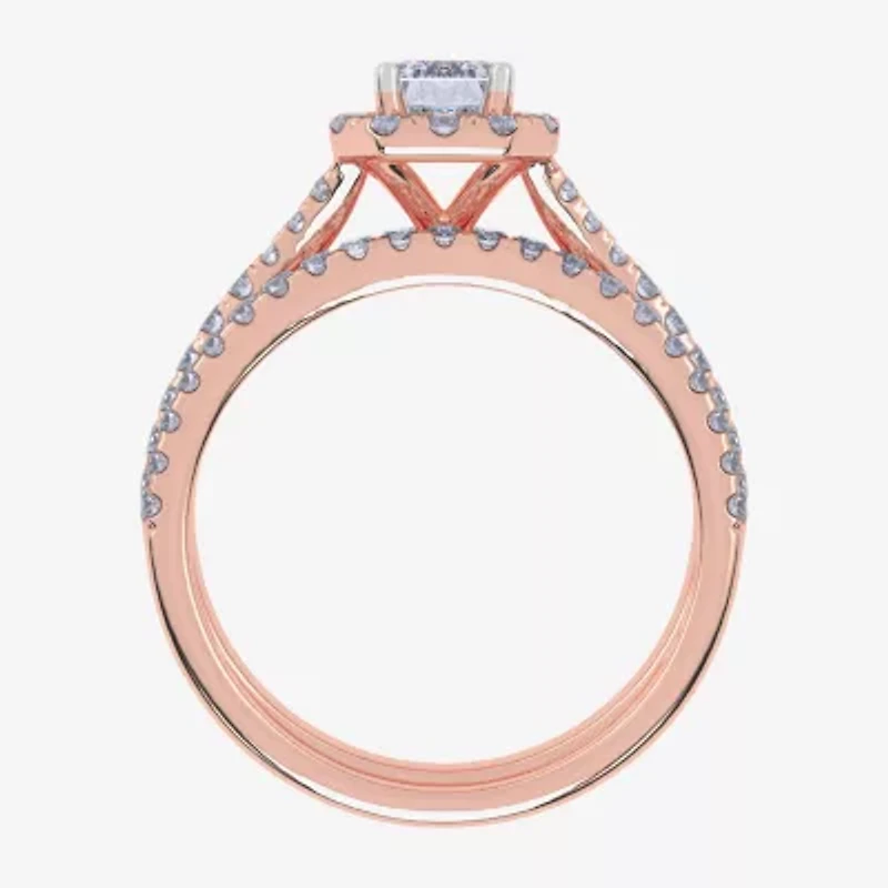G / Vs2-Si1) Womens 1 CT. T.W. Lab Grown White Diamond 10K Rose Gold Side Stone Halo Bridal Set