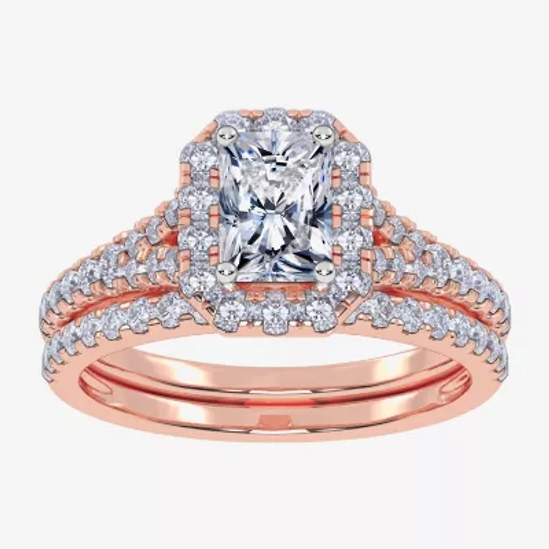 G / Vs2-Si1) Womens 1 CT. T.W. Lab Grown White Diamond 10K Rose Gold Side Stone Halo Bridal Set