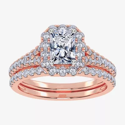 G / Vs2-Si1) Womens 1 CT. T.W. Lab Grown White Diamond 10K Rose Gold Side Stone Halo Bridal Set