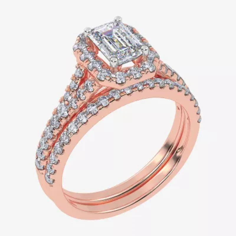 G / Vs2-Si1) Womens 1 CT. T.W. Lab Grown White Diamond 10K Rose Gold Side Stone Halo Bridal Set