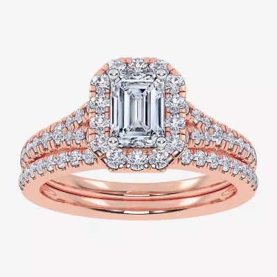 G / Vs2-Si1) Womens 1 CT. T.W. Lab Grown White Diamond 10K Gold Side Stone Halo Bridal Set