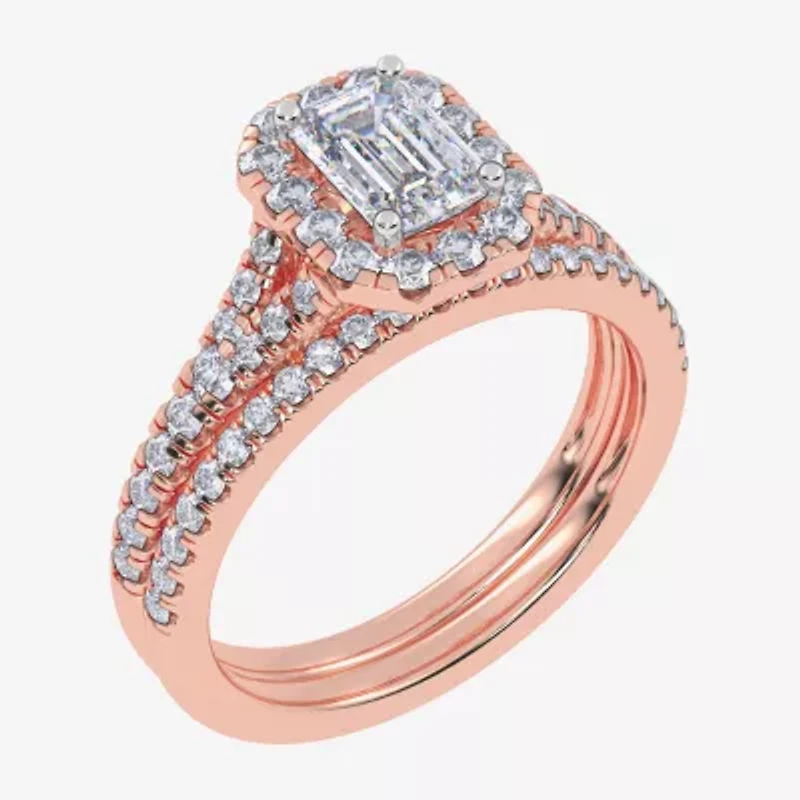 (G / Vs2-Si1) Womens 1 CT. T.W. Lab Grown White Diamond 10K Rose Gold Side Stone Halo Bridal Set
