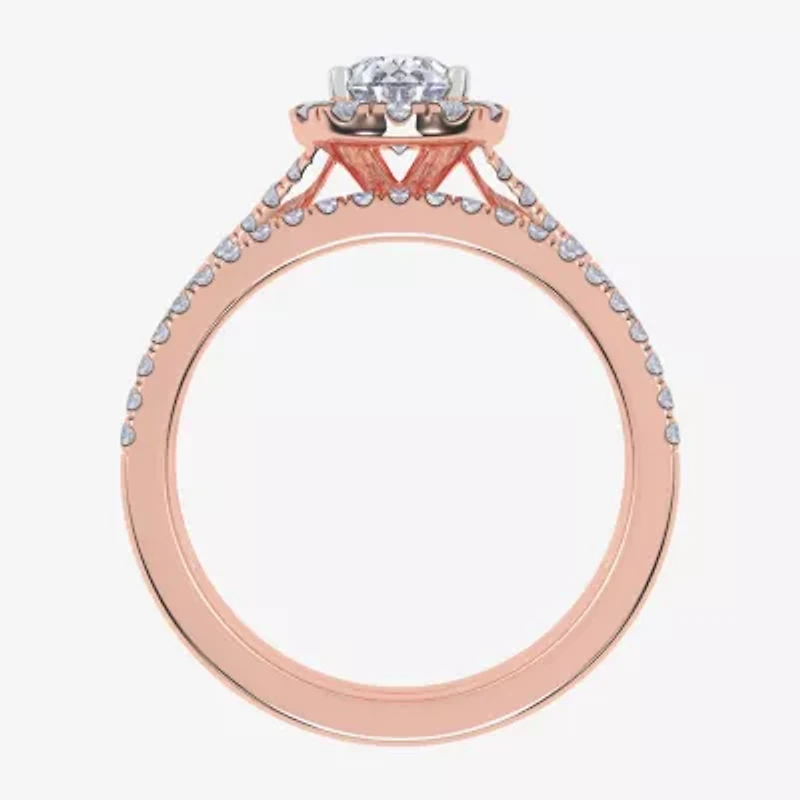 (G / Vs2-Si1) Womens 1 CT. T.W. Lab Grown White Diamond 10K Rose Gold Pear Side Stone Halo Bridal Set