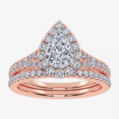 (G / Vs2-Si1) Womens 1 CT. T.W. Lab Grown White Diamond 10K Gold Pear Side Stone Halo Bridal Set