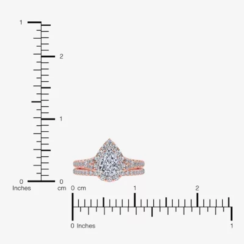 (G / Vs2-Si1) Womens 1 CT. T.W. Lab Grown White Diamond 10K Rose Gold Pear Side Stone Halo Bridal Set