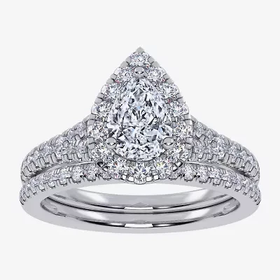 (G / Vs2-Si1) Womens 1 CT. T.W. Lab Grown White Diamond 10K Gold Pear Side Stone Halo Bridal Set