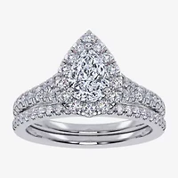 (G / Vs2-Si1) Womens 1 CT. T.W. Lab Grown White Diamond 10K Gold Pear Side Stone Halo Bridal Set