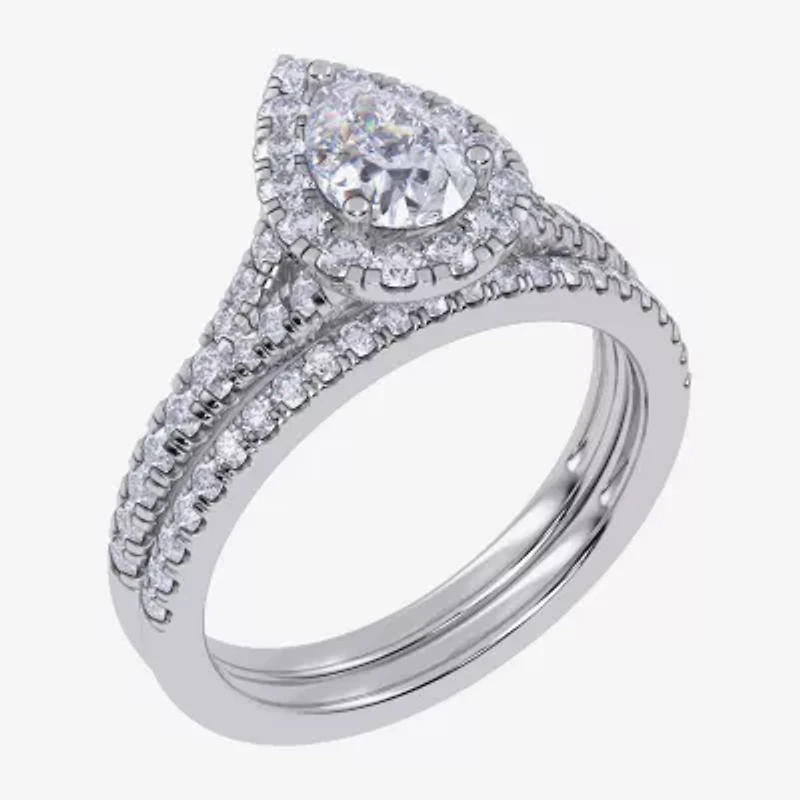 (G / Vs2-Si1) Womens 1 CT. T.W. Lab Grown White Diamond 10K Gold Pear Side Stone Halo Bridal Set