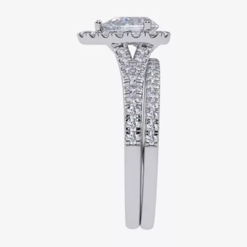 (G / Vs2-Si1) Womens 1 CT. T.W. Lab Grown White Diamond 10K Gold Pear Side Stone Halo Bridal Set