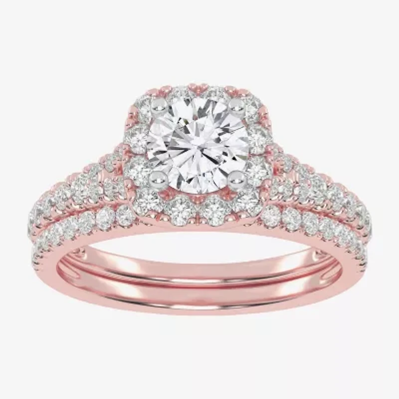 (G / Vs2-Si1) Womens 1 CT. T.W. Lab Grown White Diamond 10K Rose Gold Cushion Side Stone Halo Bridal Set