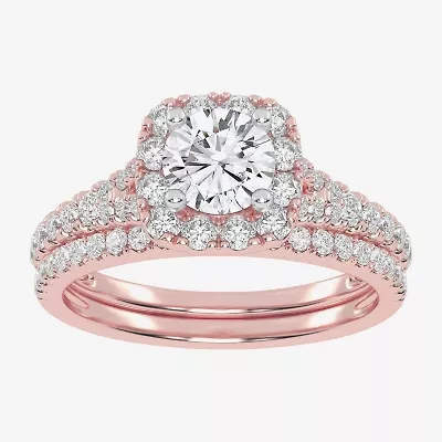 (G / Vs2-Si1) Womens 1 CT. T.W. Lab Grown White Diamond 10K Rose Gold Cushion Side Stone Halo Bridal Set