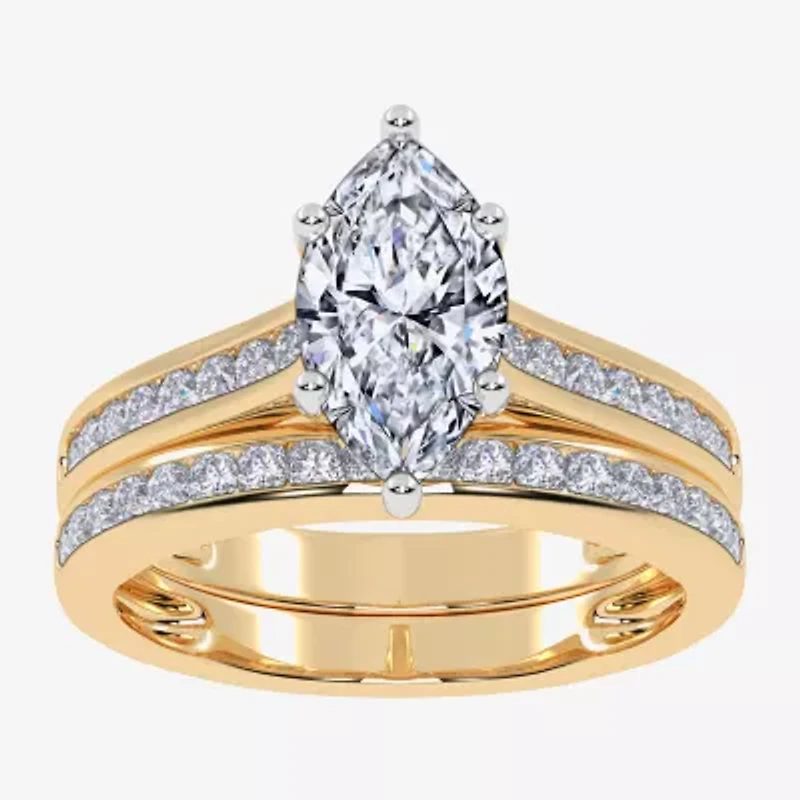 (G / Vs2-Si1) Womens 1 1/2 CT. T.W. Lab Grown White Diamond 10K Gold Marquise Side Stone Bridal Set