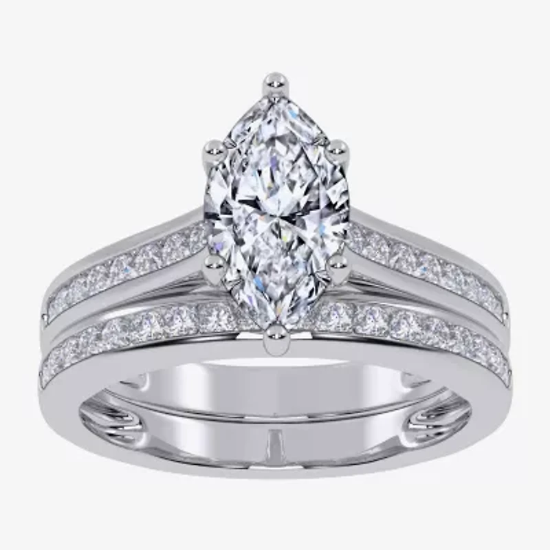 G / Vs2-Si1) Womens 1 1/2 CT. T.W. Lab Grown White Diamond 10K Gold Marquise Side Stone Bridal Set