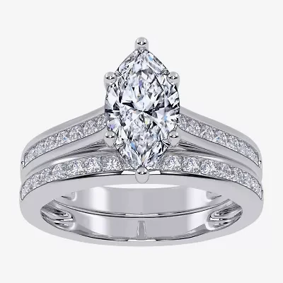 G / Vs2-Si1) Womens 1 1/2 CT. T.W. Lab Grown White Diamond 10K Gold Marquise Side Stone Bridal Set