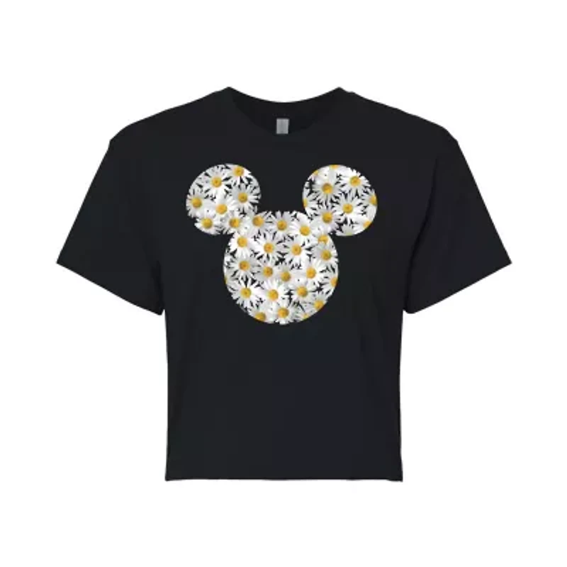 Disney Sunflower Mickey Cropped Tee Womens Crew Neck Short Sleeve Regular Fit and Friends Mouse Juniors Graphic T-Shirt
