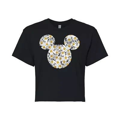 Disney Sunflower Mickey Cropped Tee Womens Crew Neck Short Sleeve Regular Fit and Friends Mouse Juniors Graphic T-Shirt