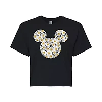 Disney Sunflower Mickey Cropped Tee Womens Crew Neck Short Sleeve Regular Fit and Friends Mouse Juniors Graphic T-Shirt