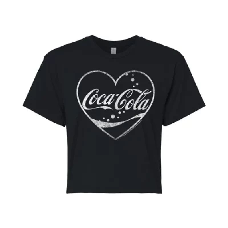 Coca-Cola Heart Cropped Tee Womens Crew Neck Short Sleeve Regular Fit Juniors Graphic T-Shirt