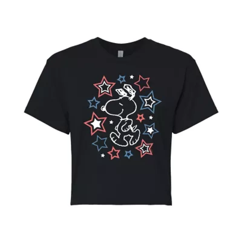 Peanuts Snoopy Stars Cropped Tee Womens Crew Neck Short Sleeve Regular Fit Juniors Graphic T-Shirt
