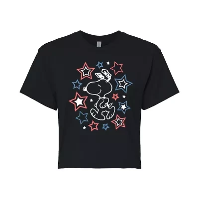 Peanuts Snoopy Stars Cropped Tee Womens Crew Neck Short Sleeve Regular Fit Juniors Graphic T-Shirt