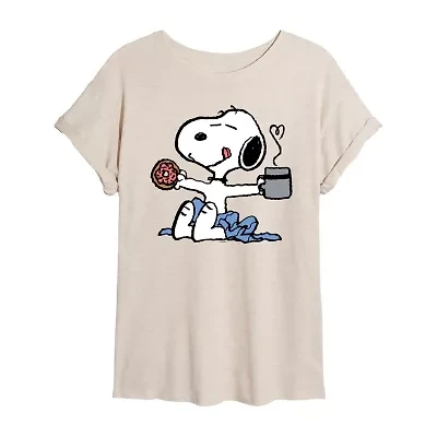 Peanuts Snoopy Donut And Coffee Tee Womens Crew Neck Short Sleeve Oversized Juniors Graphic T-Shirt