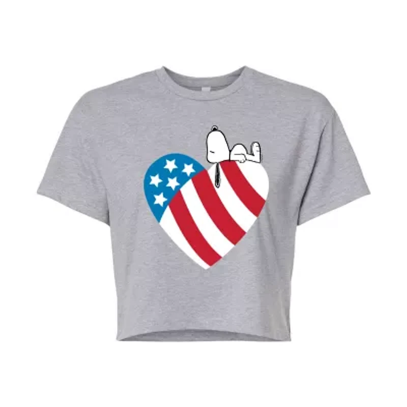 Peanuts Snoopy Heart Flag Cropped Tee Womens Crew Neck Short Sleeve Regular Fit Juniors Graphic T-Shirt