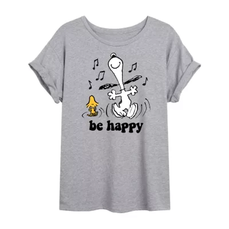 Peanuts Snoopy Be Happy Tee Womens Crew Neck Short Sleeve Oversized Juniors Graphic T-Shirt