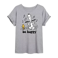 Peanuts Snoopy Be Happy Tee Womens Crew Neck Short Sleeve Oversized Juniors Graphic T-Shirt