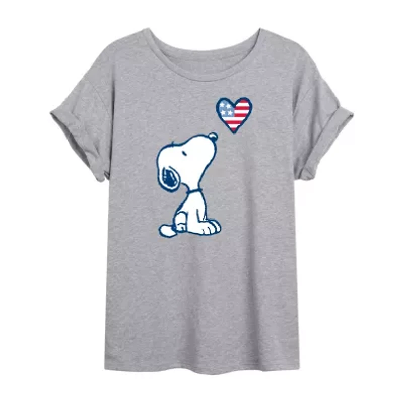 Peanuts Snoopy Flag Heart Tee Womens Crew Neck Short Sleeve Oversized Juniors Graphic T-Shirt