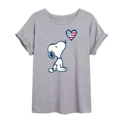 Peanuts Snoopy Flag Heart Tee Womens Crew Neck Short Sleeve Oversized Juniors Graphic T-Shirt