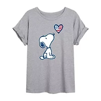Peanuts Snoopy Flag Heart Tee Womens Crew Neck Short Sleeve Oversized Juniors Graphic T-Shirt