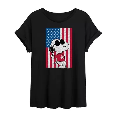Peanuts Snoopy Cool Joe Flag Tee Womens Crew Neck Short Sleeve Oversized Juniors Graphic T-Shirt
