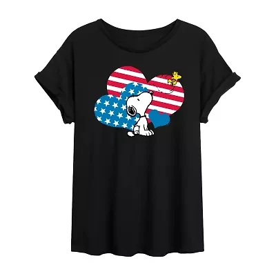 Peanuts Snoopy And Woodstock Heart Flag Tee Womens Crew Neck Short Sleeve Oversized Juniors Graphic T-Shirt
