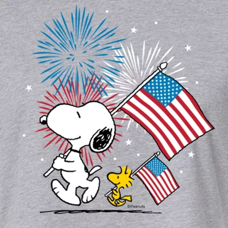 Peanuts Snoopy And Woodstock Flag Cropped Tee Womens Crew Neck Short Sleeve Regular Fit Juniors Graphic T-Shirt