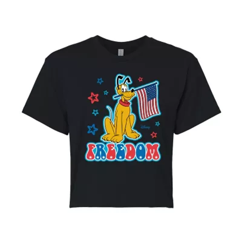 Disney Pluto Freedom Cropped Tee Womens Crew Neck Short Sleeve Regular Fit Mickey and Friends Juniors Graphic T-Shirt