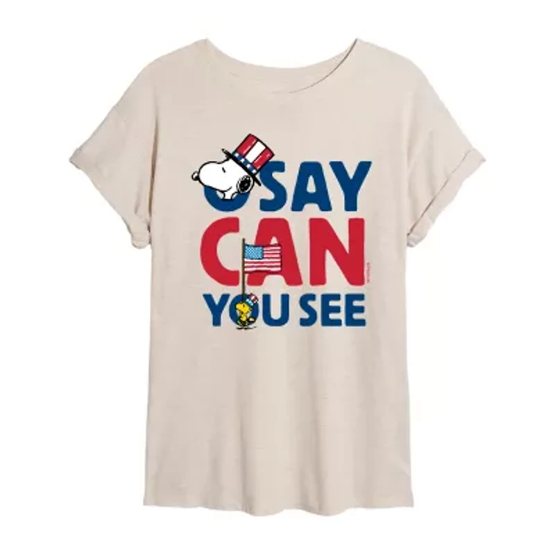 Peanits Snoopy And Woodstock O Say Can You See Tee Womens Crew Neck Short Sleeve Oversized Peanuts Juniors Graphic T-Shirt