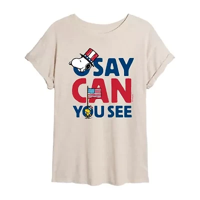 Peanits Snoopy And Woodstock O Say Can You See Tee Womens Crew Neck Short Sleeve Oversized Peanuts Juniors Graphic T-Shirt