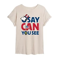 Peanits Snoopy And Woodstock O Say Can You See Tee Womens Crew Neck Short Sleeve Oversized Peanuts Juniors Graphic T-Shirt