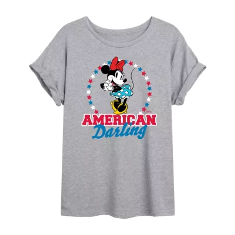 Disney Minnie Mouse American Darling Tee Womens Crew Neck Short Sleeve Oversized Mickey and Friends Juniors Graphic T-Shirt