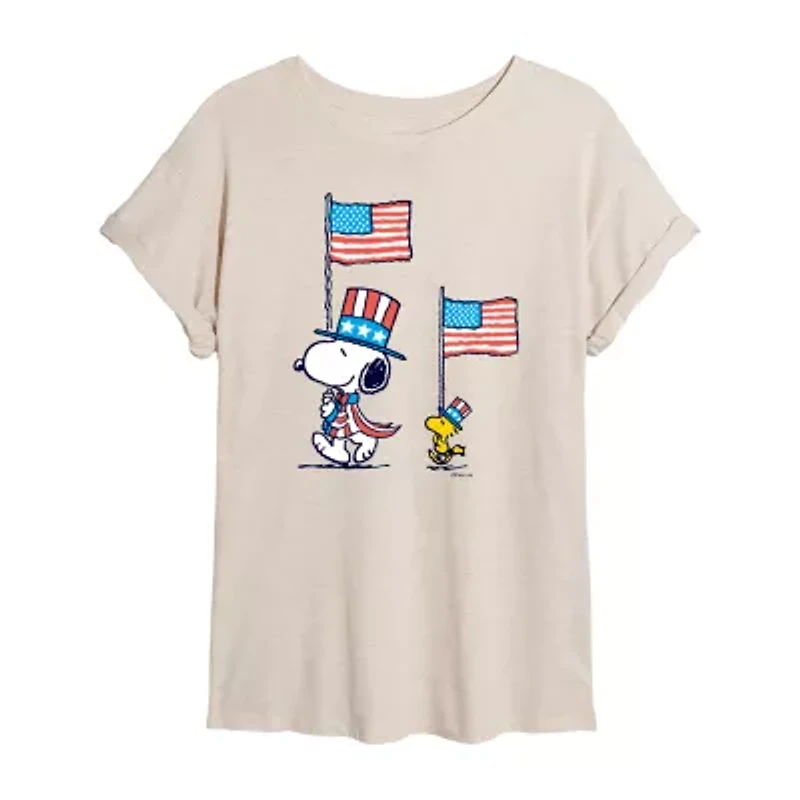 Peanuts Snoopy And Woodstock Flag Tee Womens Crew Neck Short Sleeve Oversized Juniors Graphic T-Shirt