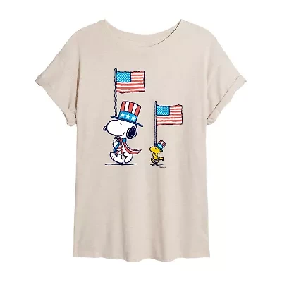 Peanuts Snoopy And Woodstock Flag Tee Womens Crew Neck Short Sleeve Oversized Juniors Graphic T-Shirt