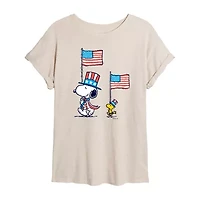 Peanuts Snoopy And Woodstock Flag Tee Womens Crew Neck Short Sleeve Oversized Juniors Graphic T-Shirt