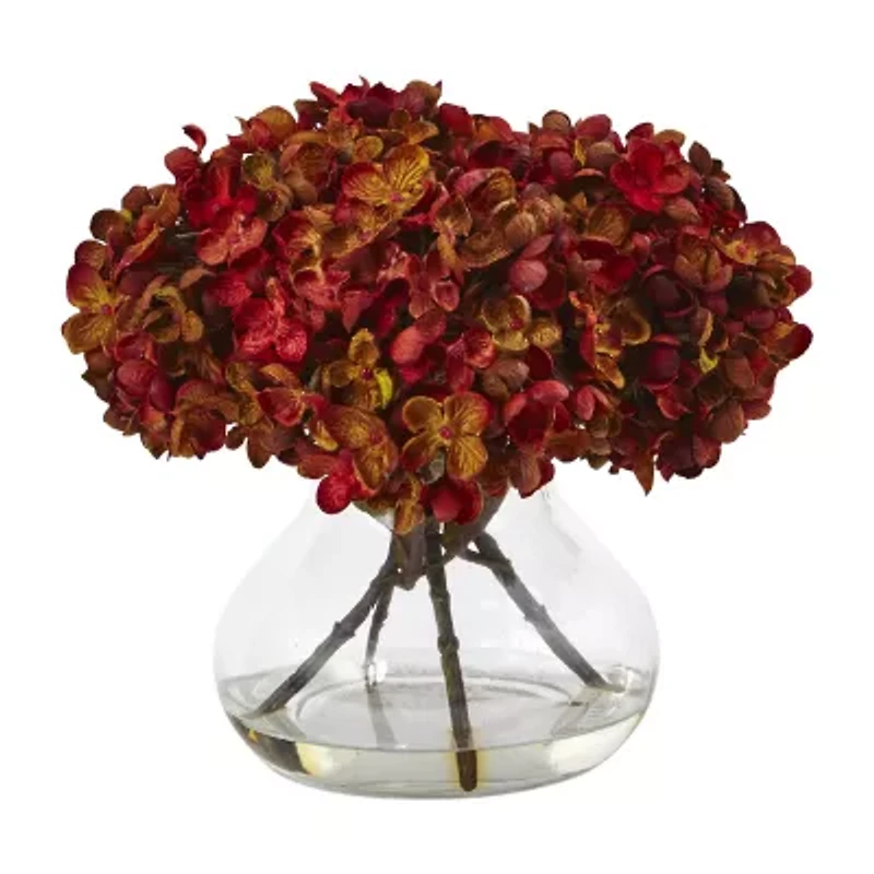 Nearly Natural 8.5"H Hydrangea Silk Flower Arrangement With Glass Vase Artificial Flowers