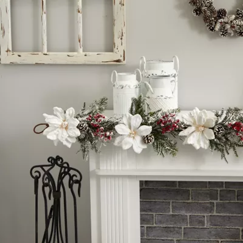Nearly Natural 60” Frosted Magnolia & Berry Artificial Garland Flocked Christmas Indoor Garland