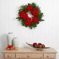 Nearly Natural 28” Poinsettia And Pine Wreath Wreath