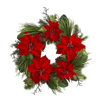 Nearly Natural 28” Poinsettia And Pine Wreath Wreath