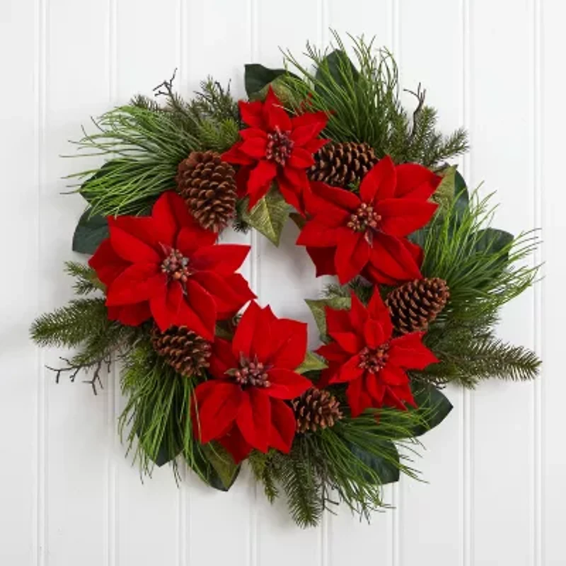 Nearly Natural 28” Poinsettia And Pine Wreath Wreath