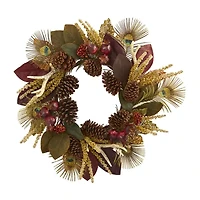 Nearly Natural 27in. Magnolia Leaf; Berry; Antler And Peacock Feather Wreath