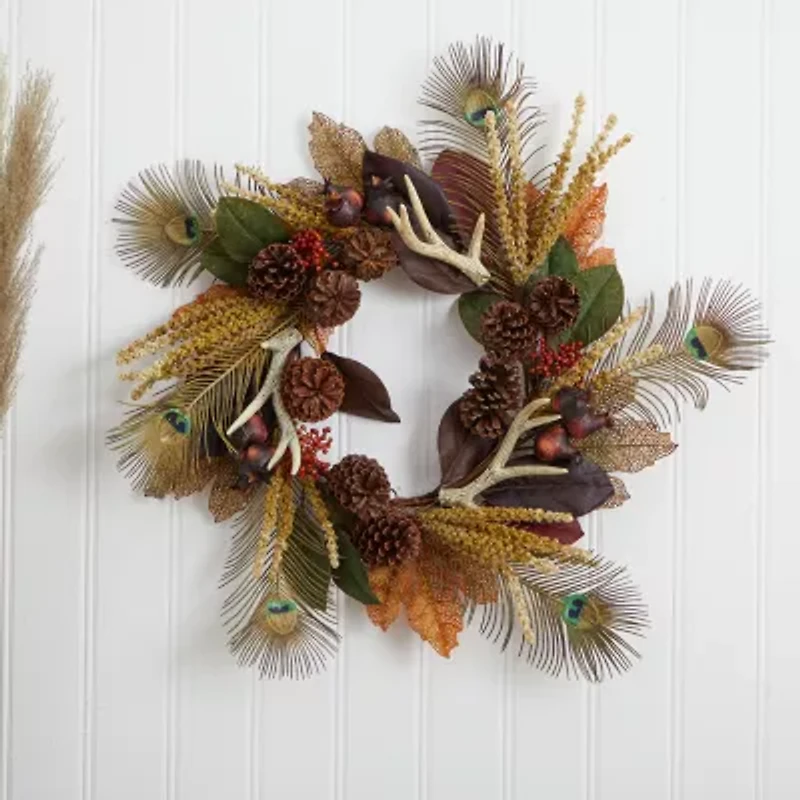 Nearly Natural 27in. Magnolia Leaf; Berry; Antler And Peacock Feather Wreath