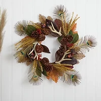 Nearly Natural 27in. Magnolia Leaf; Berry; Antler And Peacock Feather Wreath